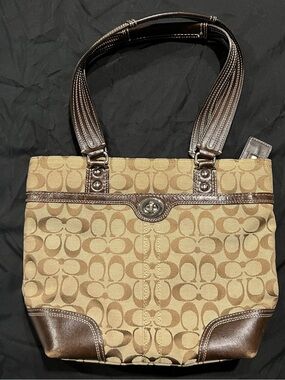 Coach Brown and Tan Signature Canvas Tote with Dark Brown Leather Trim